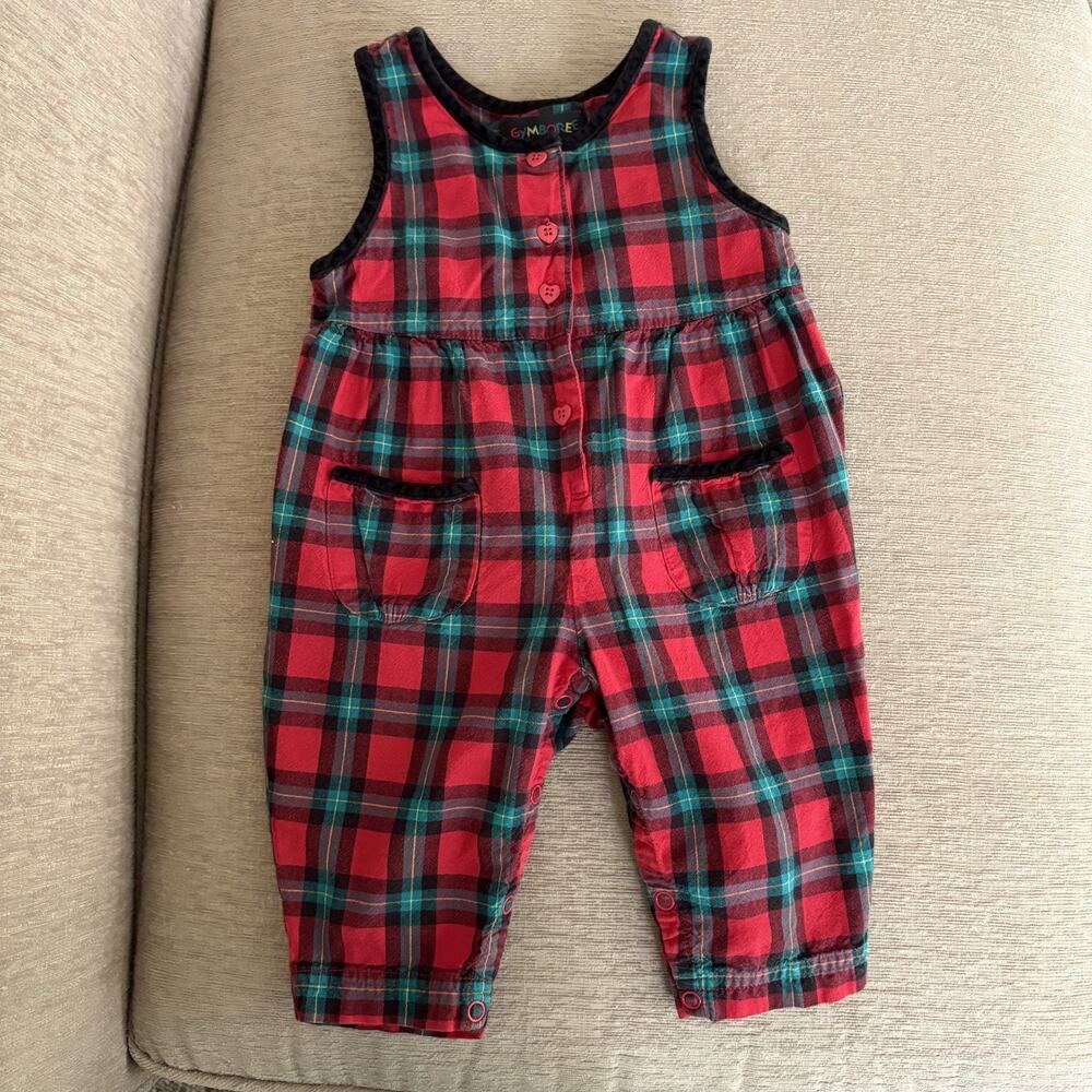 Vintage Gymboree Plaid Puppy Holiday 1997 Red Tartan Overall Romper INFANT Girl